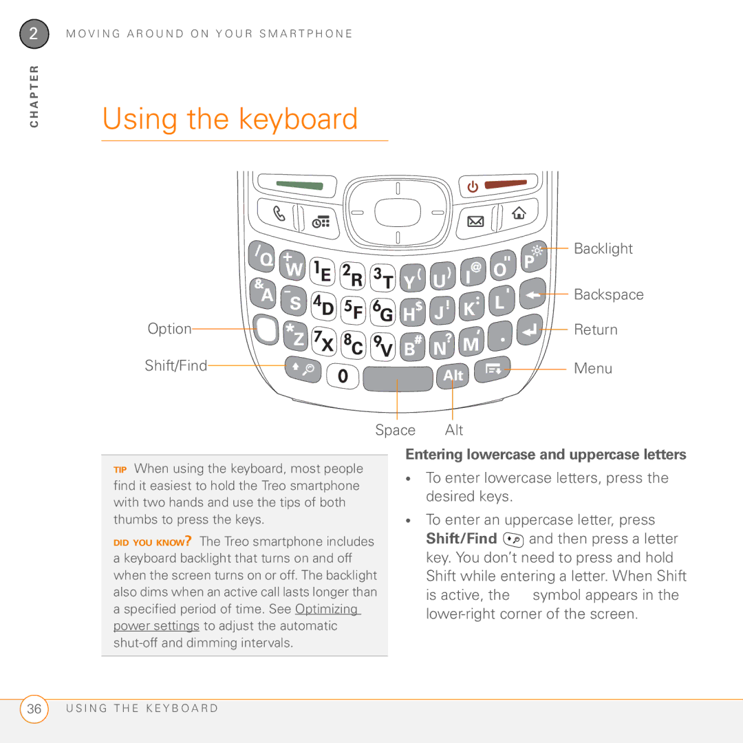 Palm 755P Using the keyboard, Backlight, Option Return Shift/Find Menu Space Alt, Entering lowercase and uppercase letters 