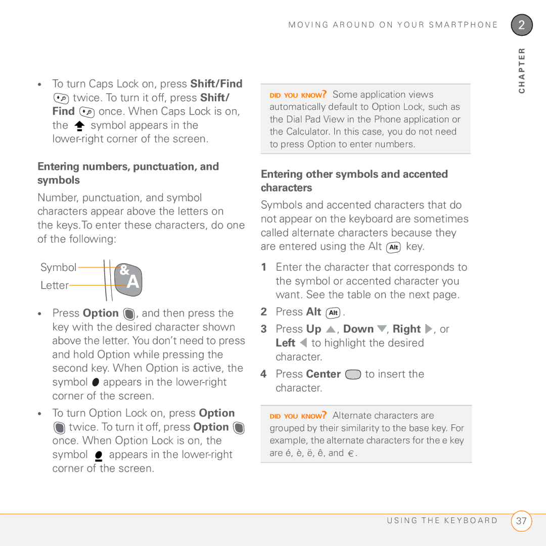 Palm 755P manual Entering numbers, punctuation, and symbols, Entering other symbols and accented characters 