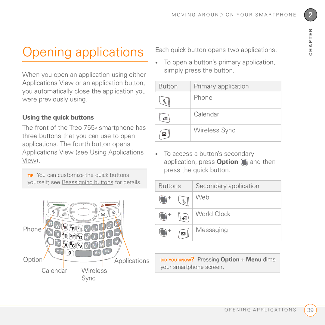 Palm 755P manual Opening applications, Using the quick buttons, Phone Option, Calendar 