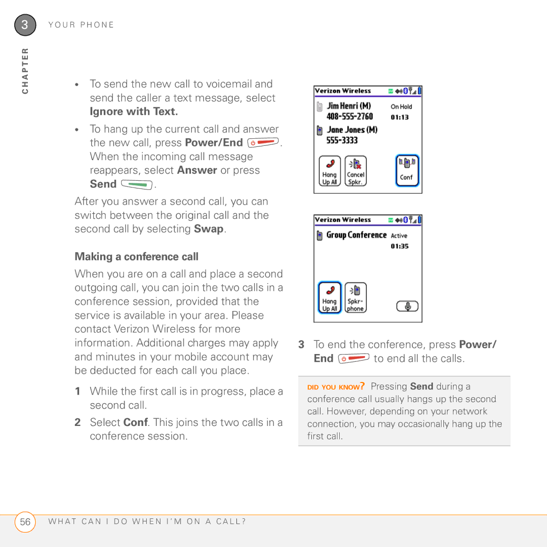 Palm 755P manual Ignore with Text, To hang up the current call and answer, Send, Making a conference call 