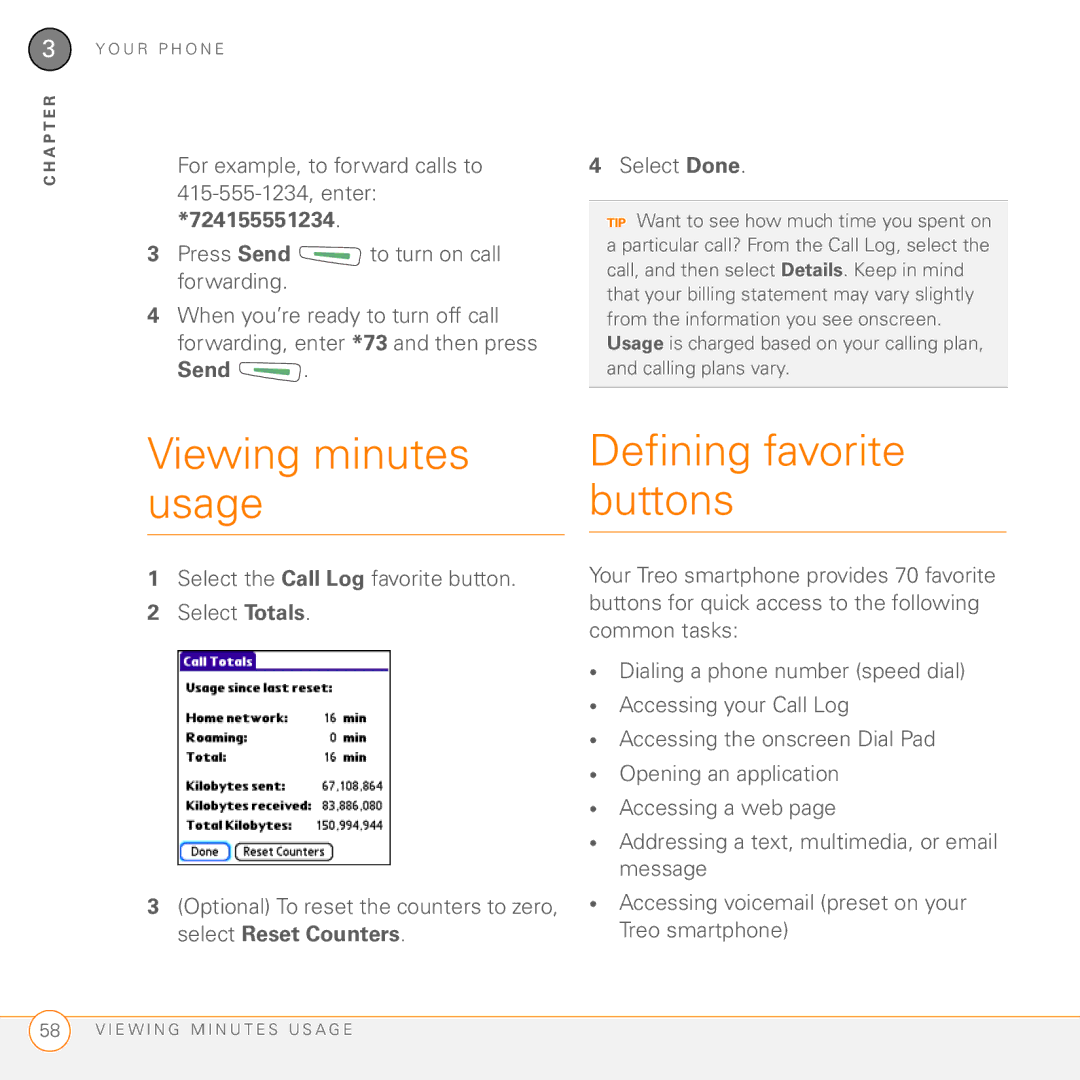 Palm 755P manual Viewing minutes Defining favorite Usage Buttons, For example, to forward calls to, 724155551234 