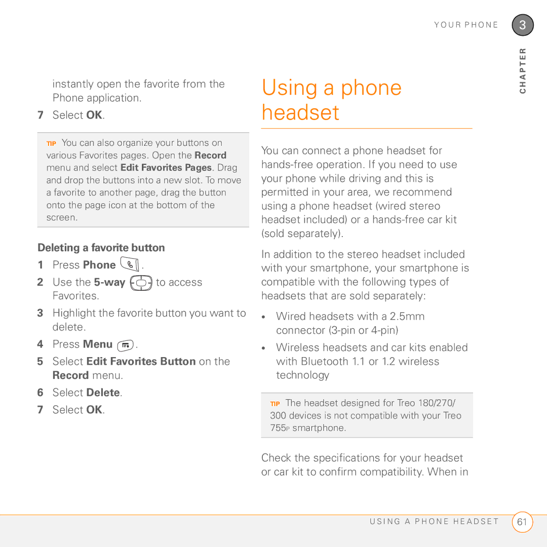 Palm 755P manual Using a phone, Headset, Deleting a favorite button, Select Delete Select OK 