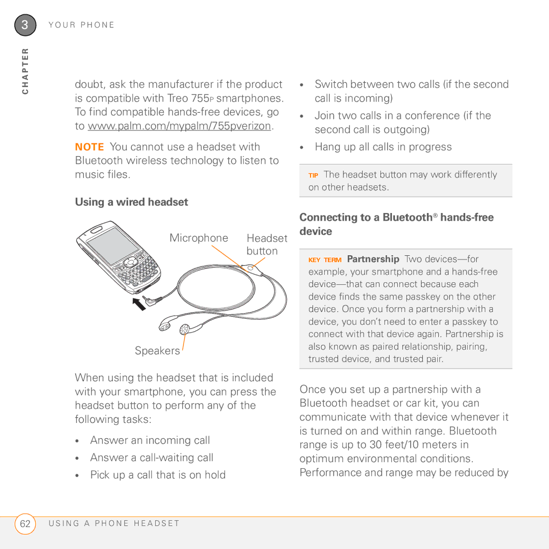 Palm 755P manual Using a wired headset, Connecting to a Bluetooth hands-free device 