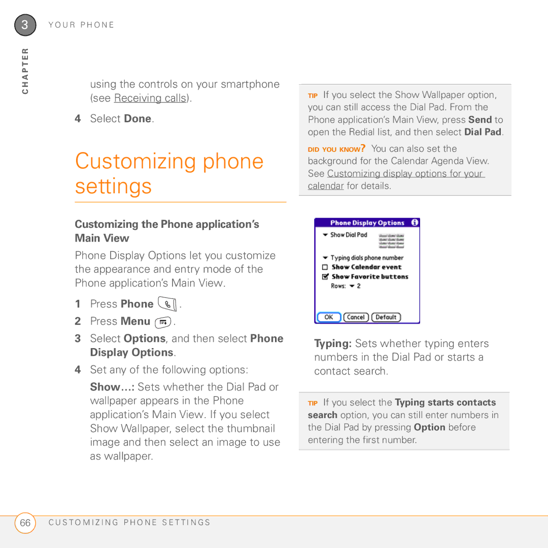 Palm 755P manual Customizing phone settings, Customizing the Phone application’s Main View 