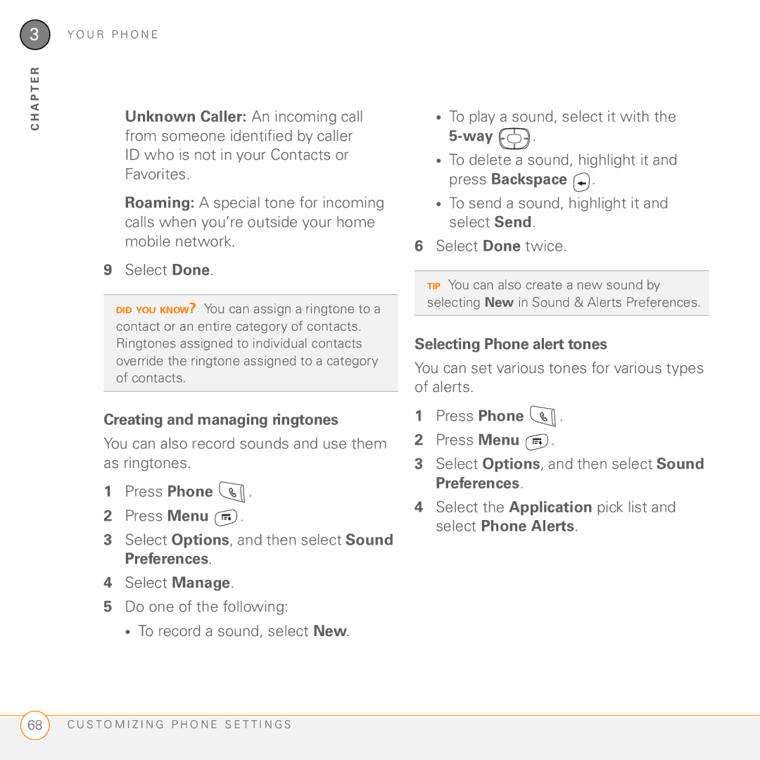 Palm 755P manual Creating and managing ringtones, Way, Selecting Phone alert tones 