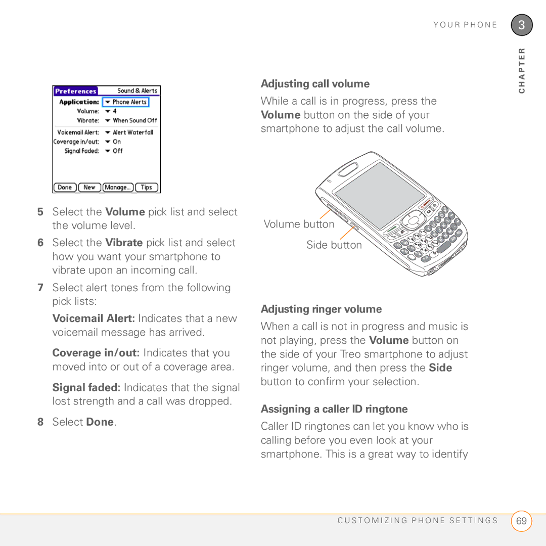 Palm 755P manual Select alert tones from the following pick lists, Adjusting ringer volume, Assigning a caller ID ringtone 