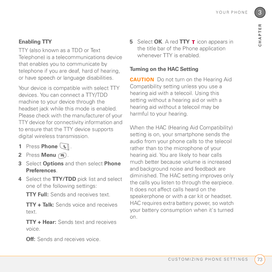 Palm 755P manual Enabling TTY, Turning on the HAC Setting 