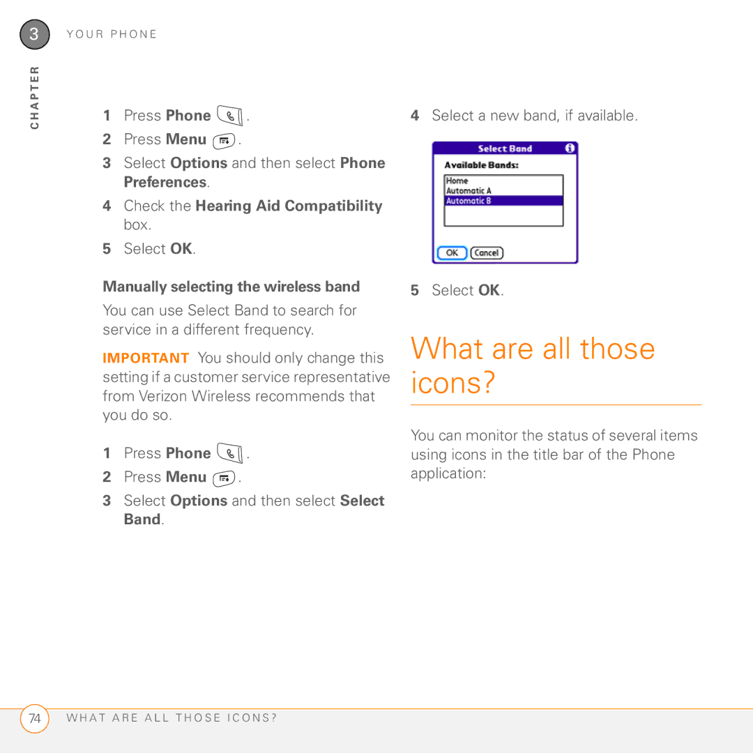 Palm 755P manual What are all those icons?, Check the Hearing Aid Compatibility box, Manually selecting the wireless band 