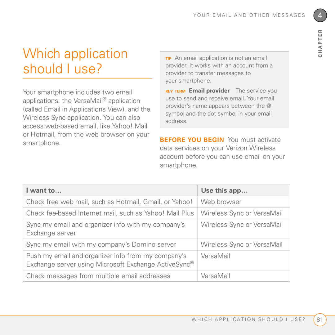 Palm 755P Which application should I use?, Want to… Use this app…, Check messages from multiple email addresses VersaMail 