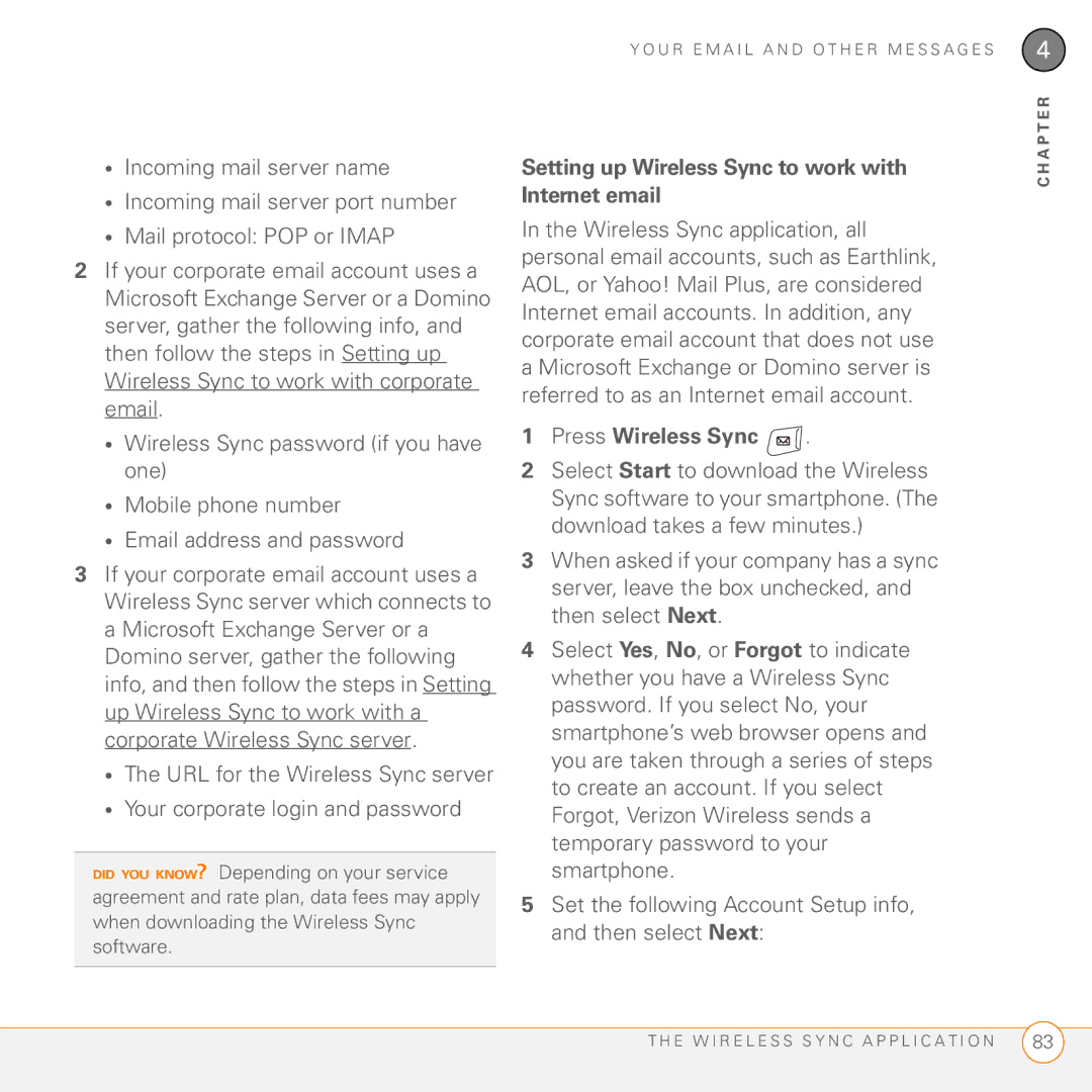 Palm 755P manual Setting up Wireless Sync to work with Internet email, Press Wireless Sync 