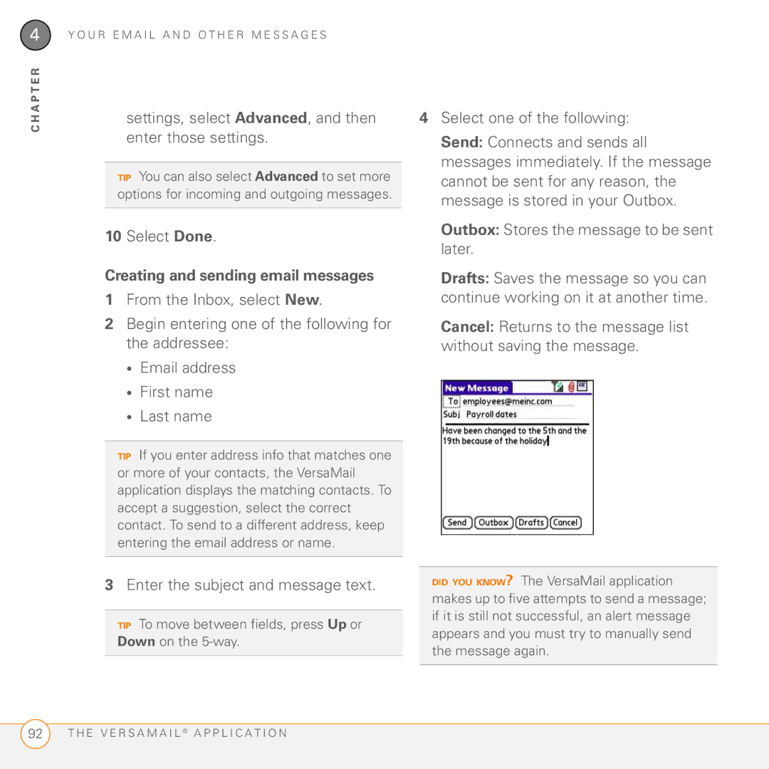 Palm 755P manual Settings, select Advanced, and then enter those settings, Creating and sending email messages 