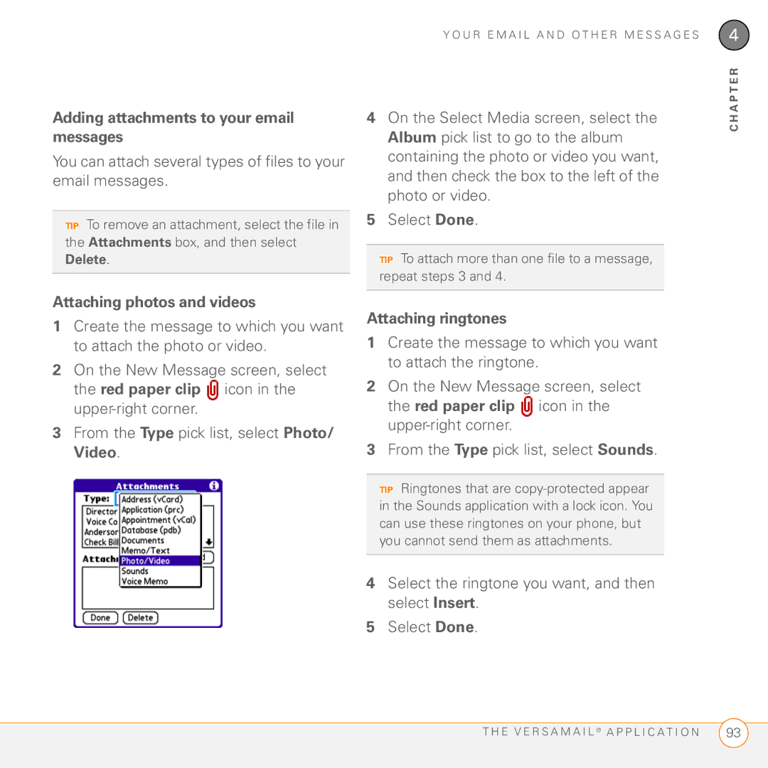 Palm 755P manual Adding attachments to your email messages, Attaching photos and videos, Attaching ringtones 