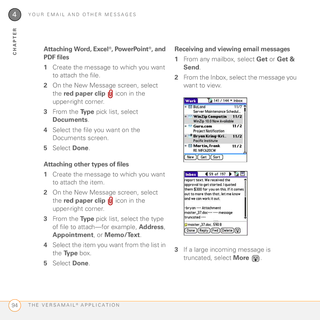Palm 755P manual Attaching other types of files, Receiving and viewing email messages 