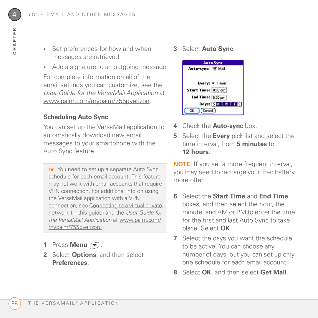 Palm 755P Set preferences for how and when, Select Auto Sync, Scheduling Auto Sync, Select OK, and then select Get Mail 