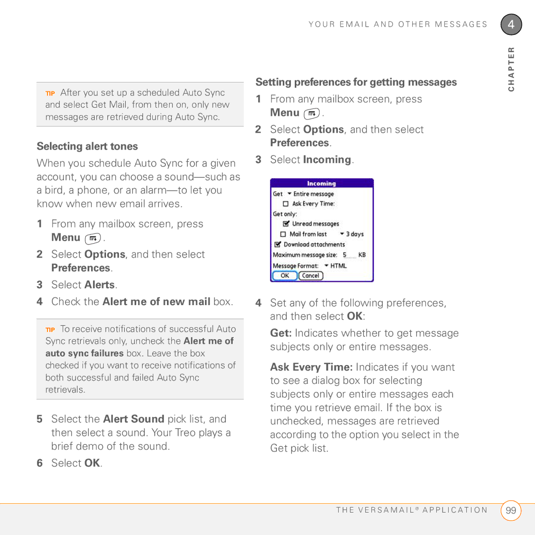 Palm 755P manual Selecting alert tones, Check the Alert me of new mail box, Setting preferences for getting messages 