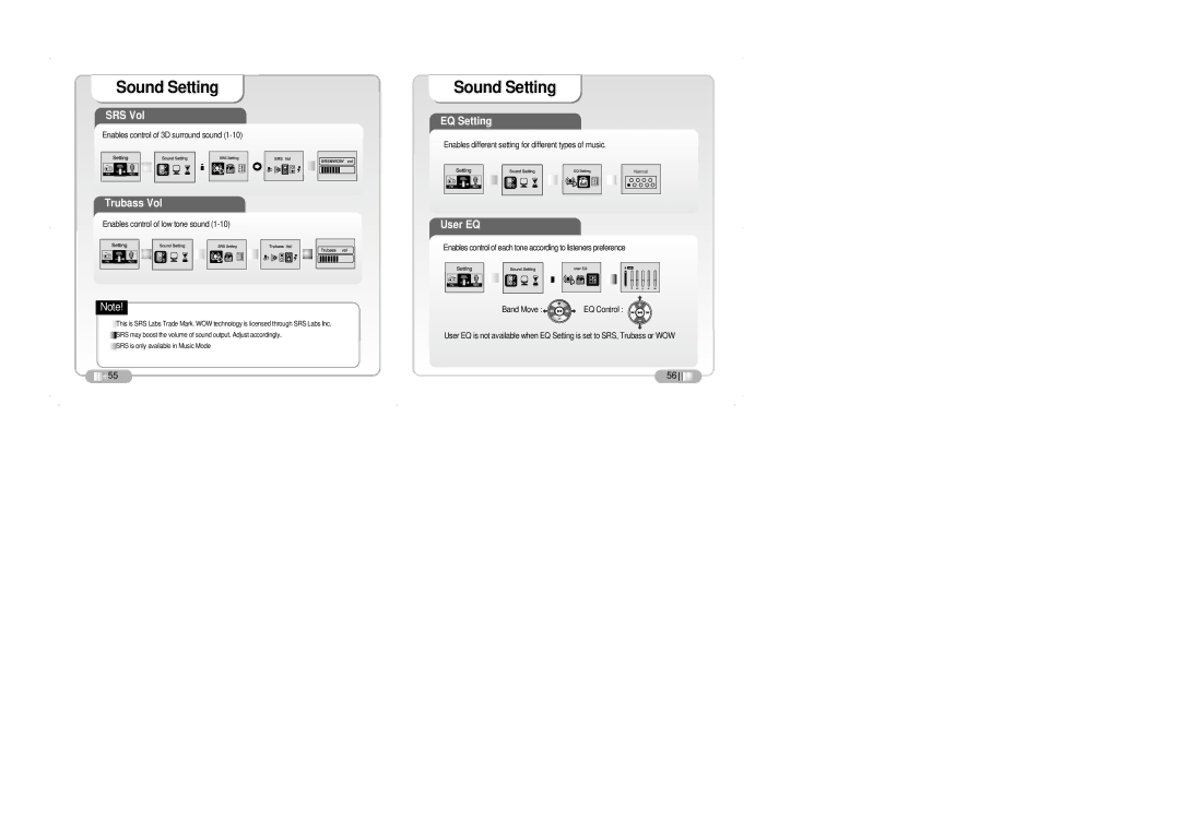 Palm DAH-1500i user manual Sound Setting, SRS Vol, Trubass Vol, EQ Setting, User EQ 