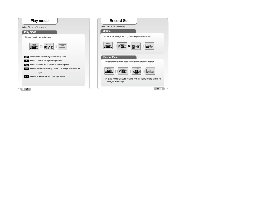 Palm DAH-1500i user manual Play mode, Record Set, Bitrate, Record Gain 
