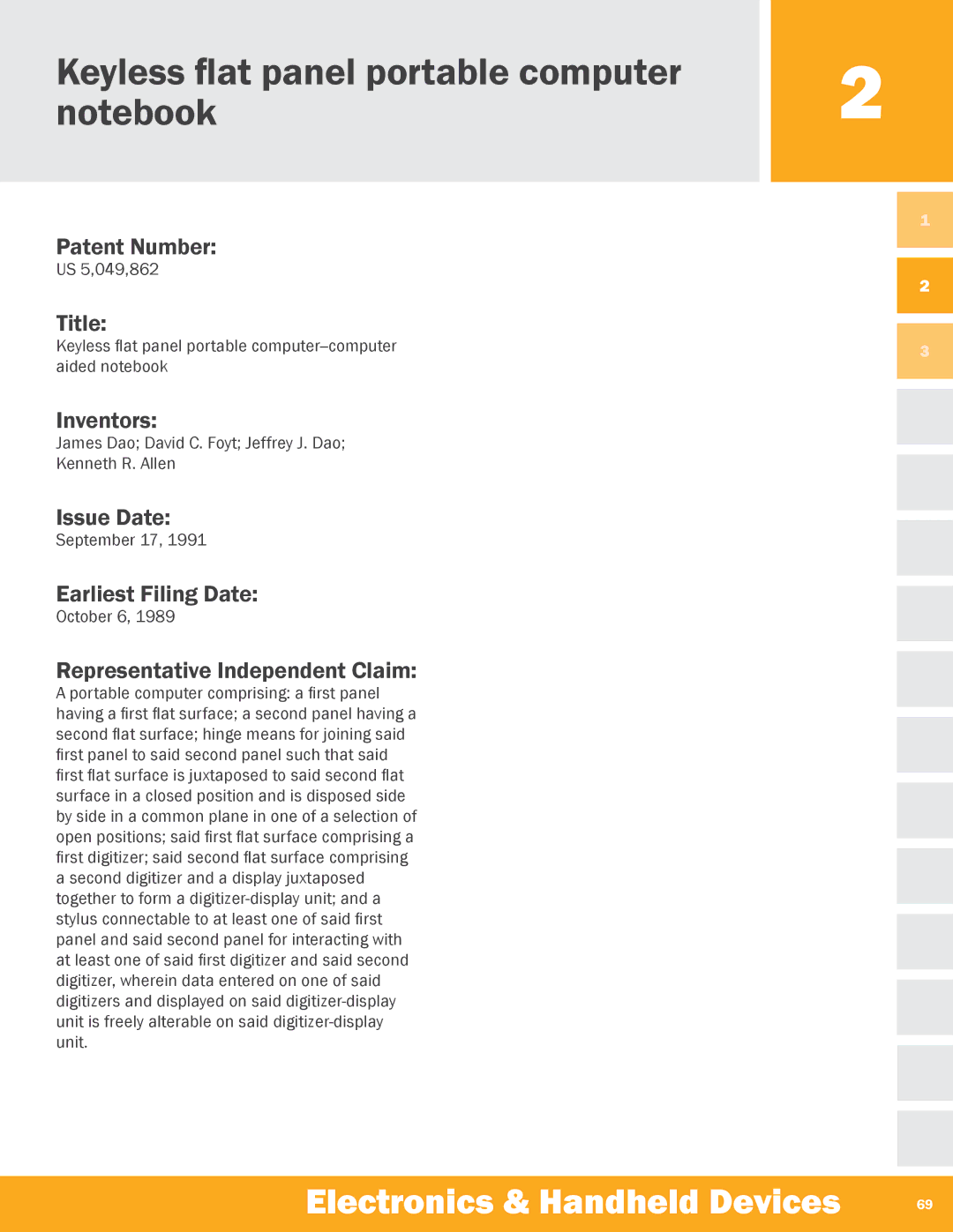 Palm Electronics & Handheld Devices manual Keyless flat panel portable computer notebook, Patent Number 