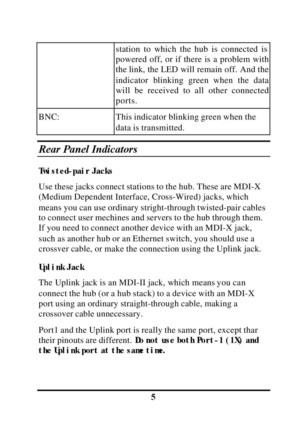 Palm ETHERNET HUB manual Rear Panel Indicators, Bnc 