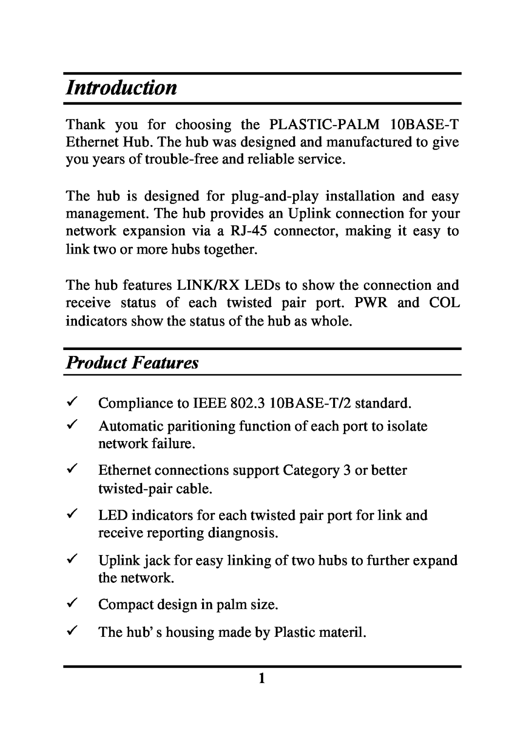 Palm ETHERNET HUB manual Introduction, Product Features 