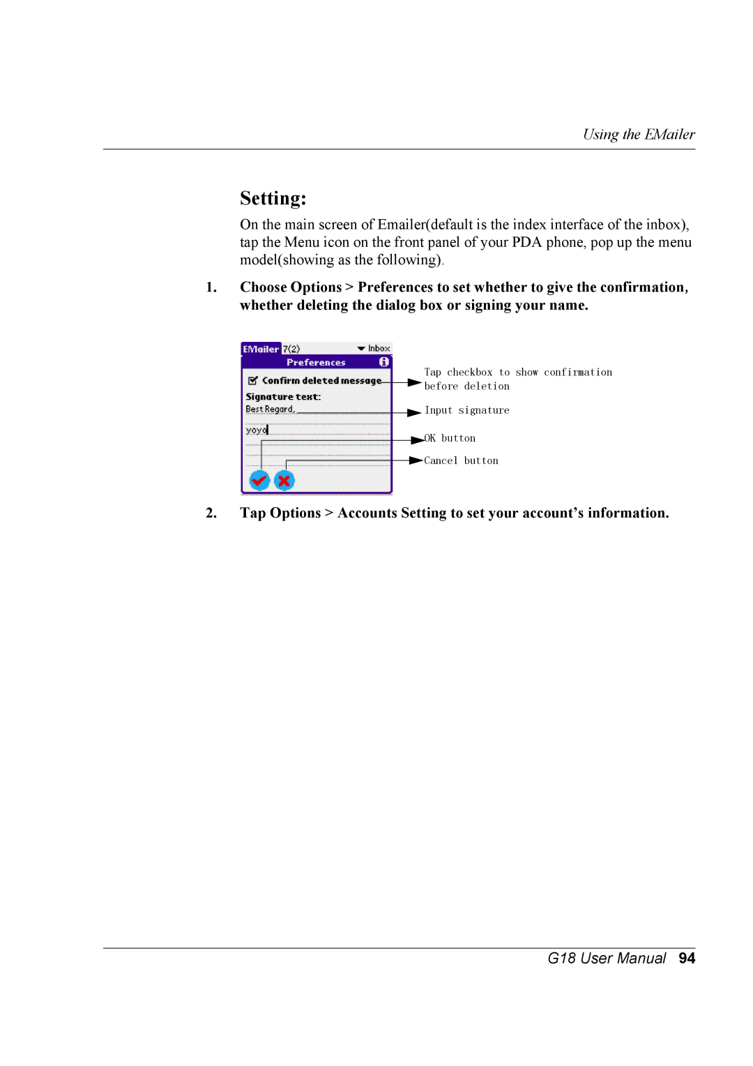 Palm G18 user manual Setting 