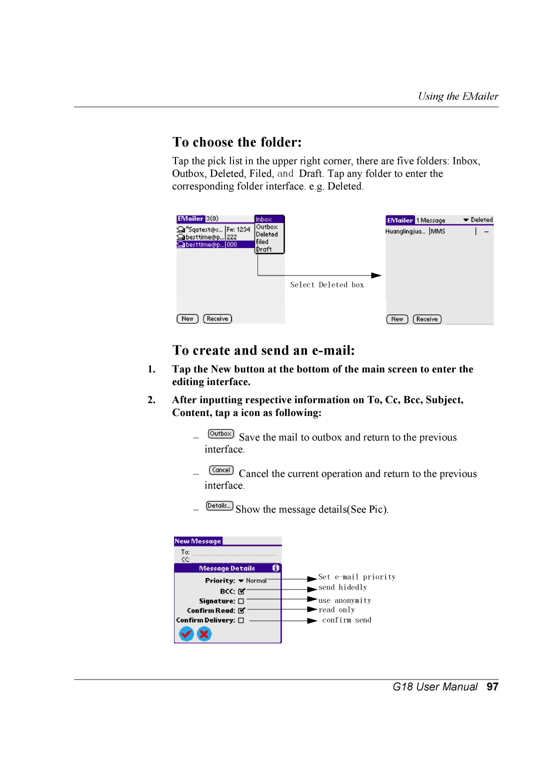 Palm G18 user manual To choose the folder, To create and send an e-mail 