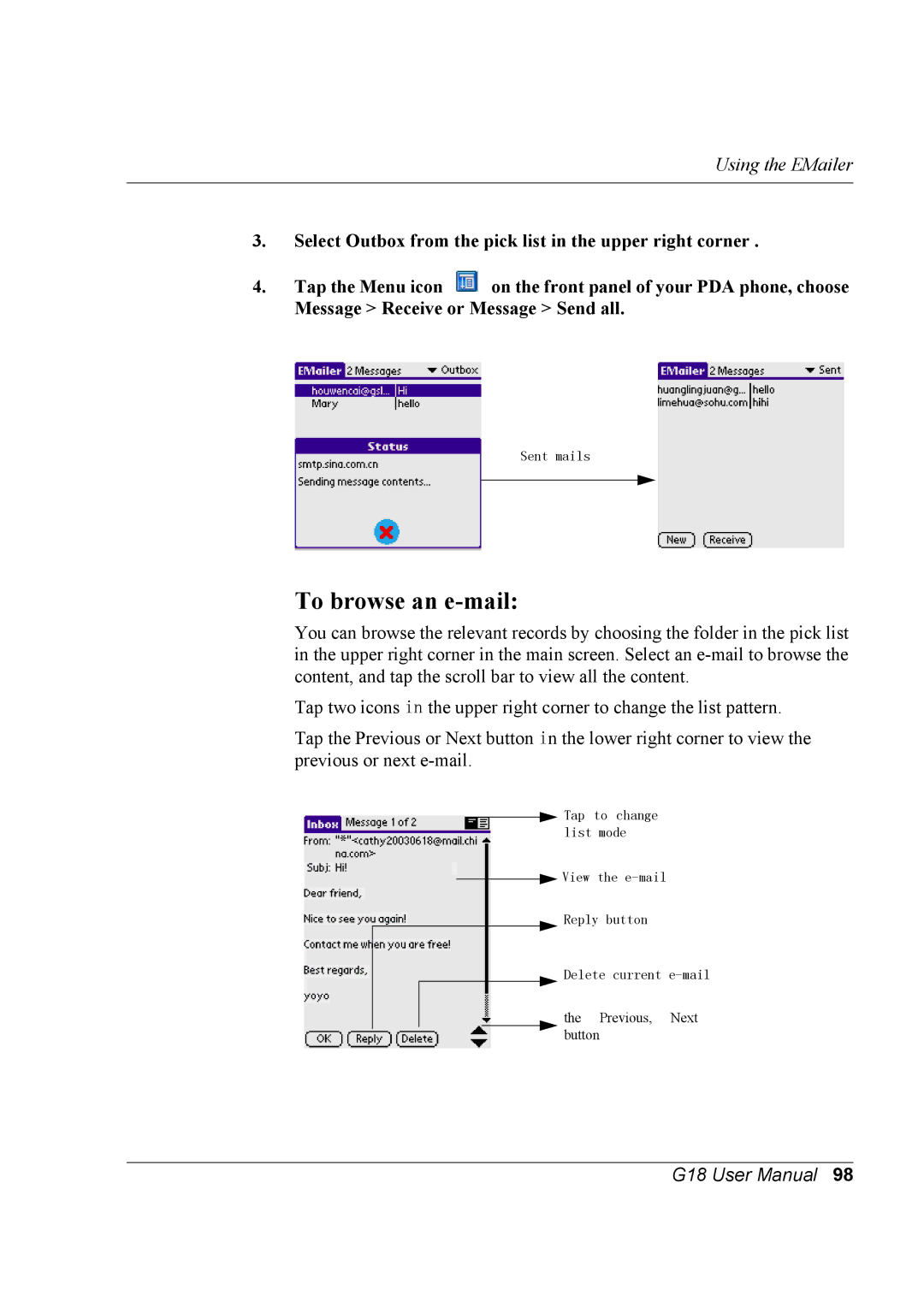 Palm G18 user manual To browse an e-mail 