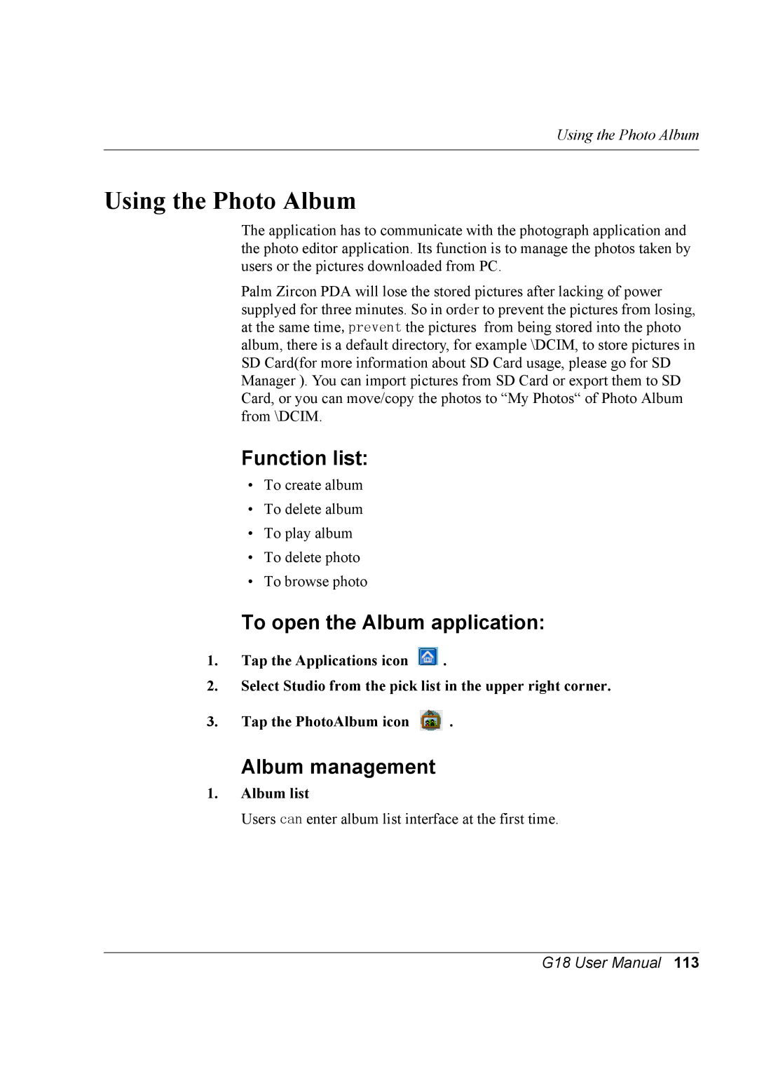 Palm G18 user manual Using the Photo Album, Album list 