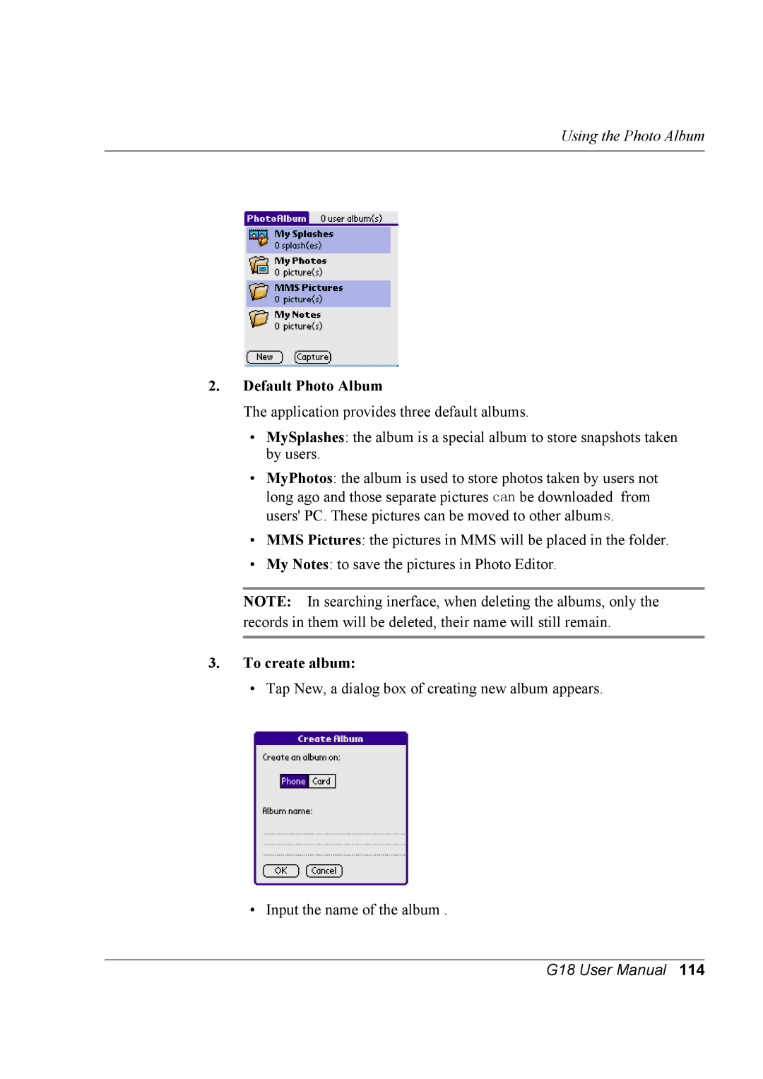 Palm G18 user manual Default Photo Album, To create album 
