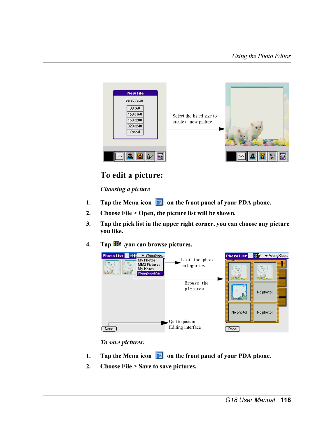 Palm G18 user manual To edit a picture, Choosing a picture, To save pictures 