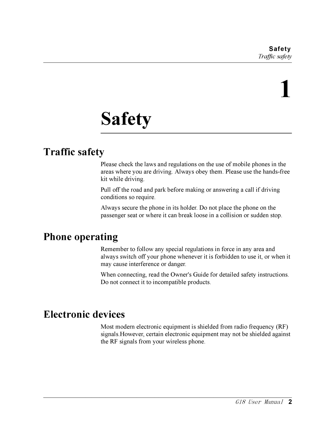 Palm G18 user manual Traffic safety, Phone operating, Electronic devices 