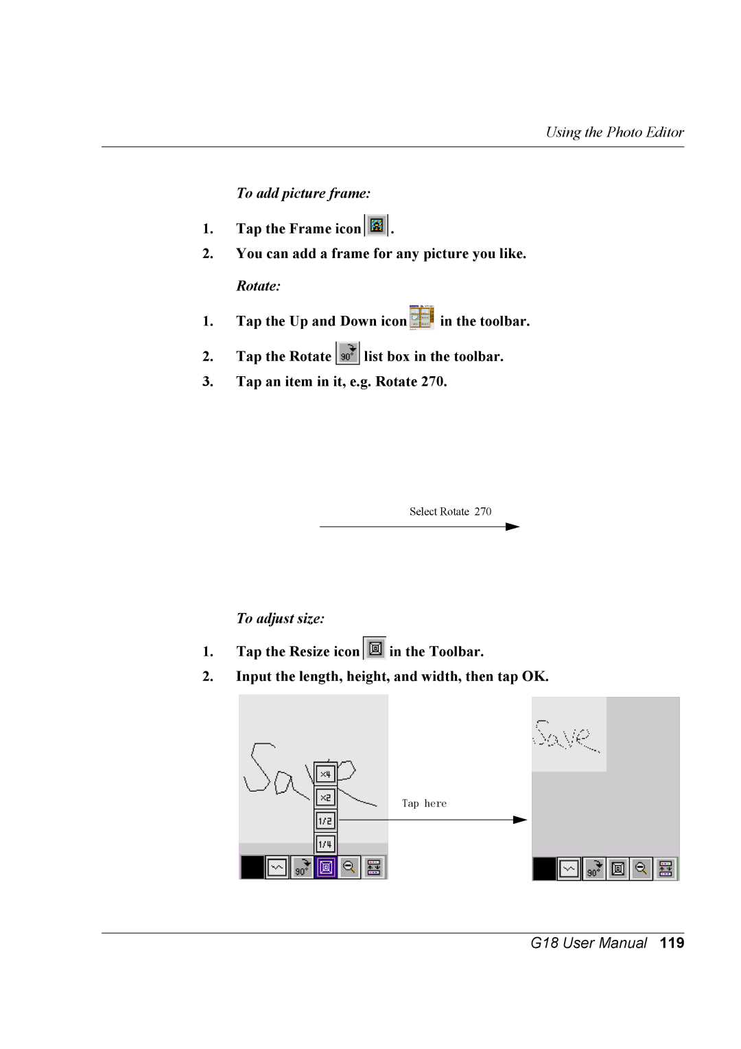 Palm G18 user manual To add picture frame, To adjust size 