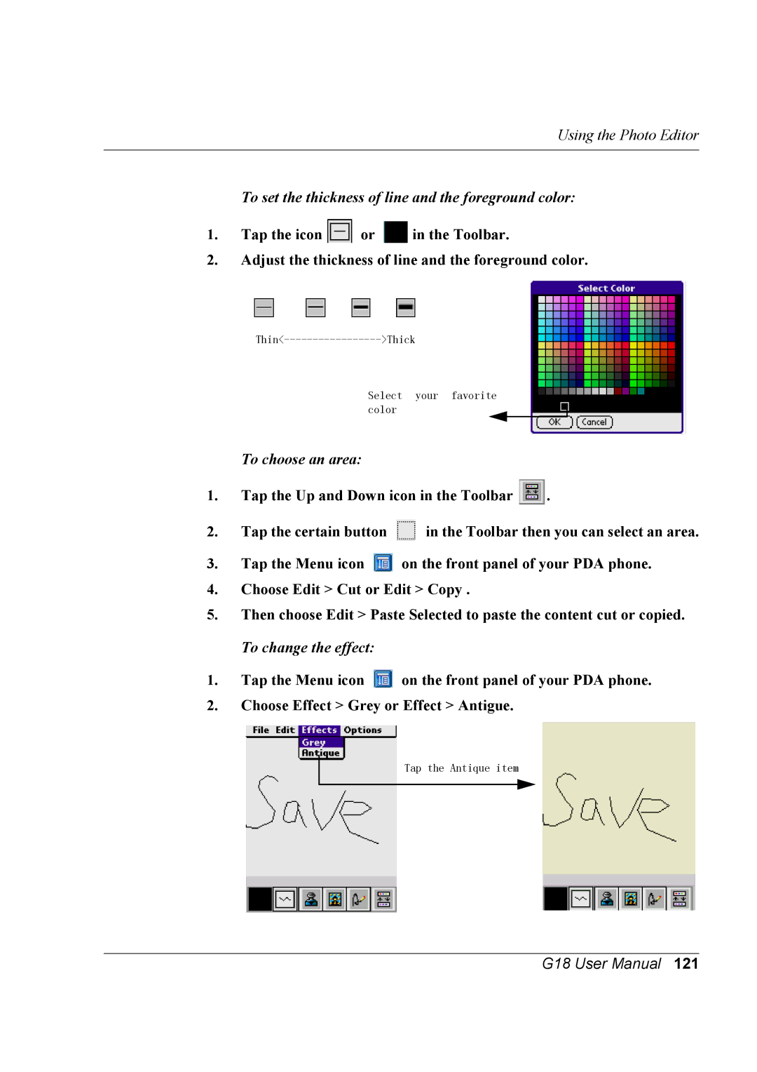 Palm G18 user manual To set the thickness of line and the foreground color, To choose an area, To change the effect 