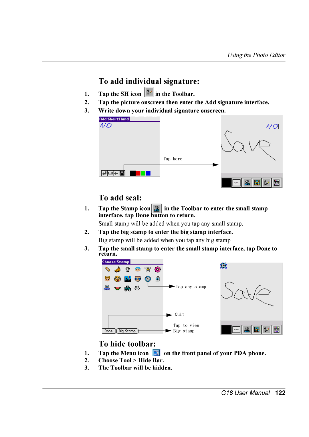 Palm G18 user manual To add individual signature, To add seal, To hide toolbar 