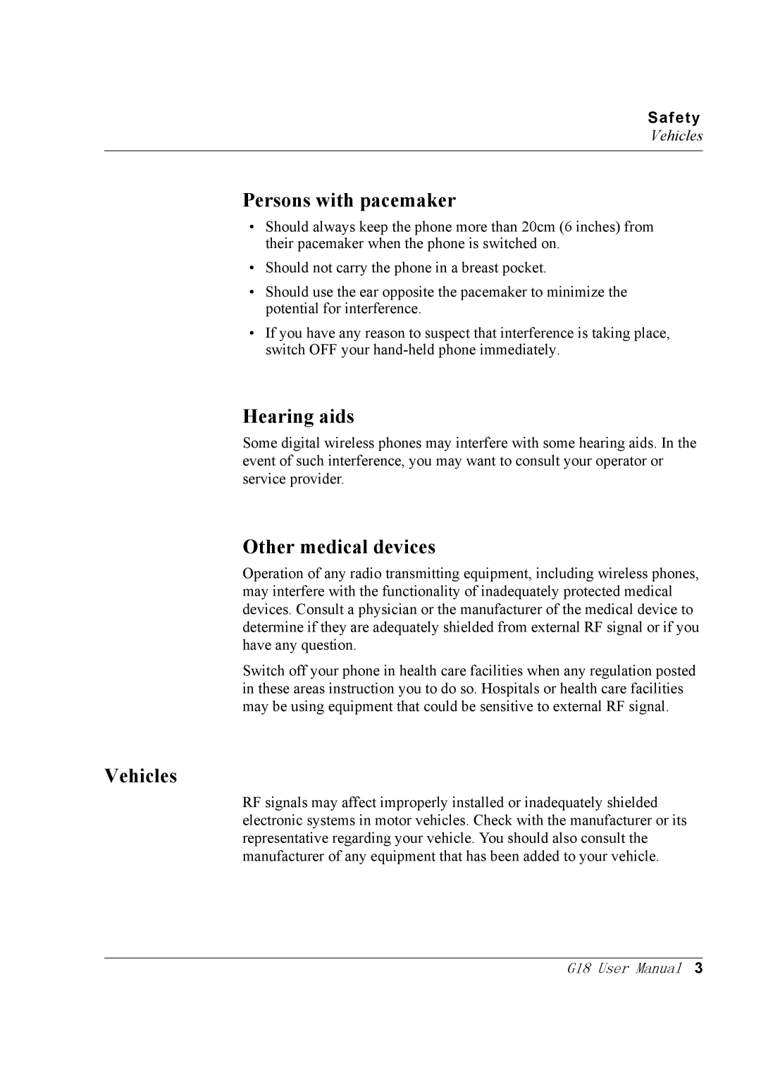 Palm G18 user manual Persons with pacemaker, Hearing aids, Other medical devices, Vehicles 