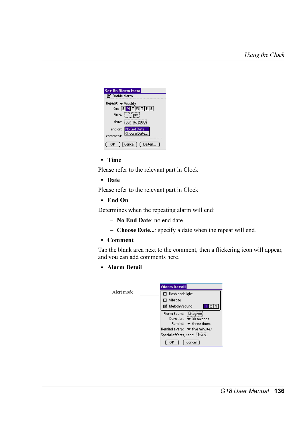 Palm G18 user manual Time, Date, End On, Comment, Alarm Detail 