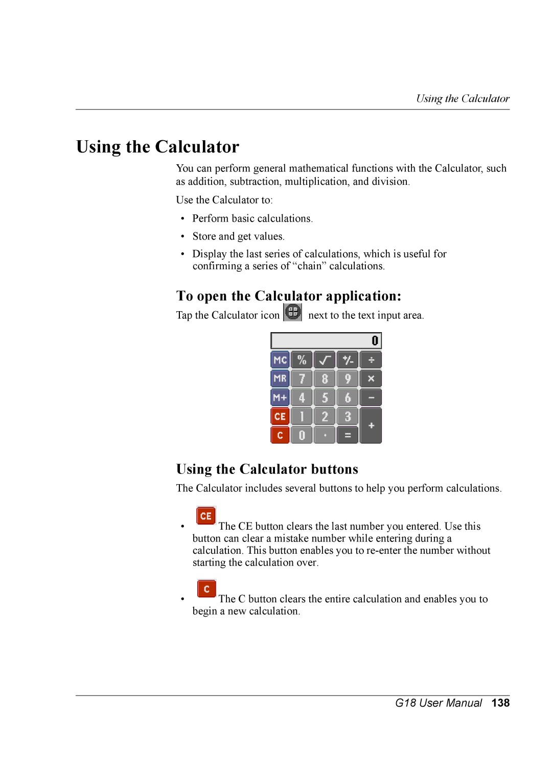 Palm G18 user manual To open the Calculator application, Using the Calculator buttons 