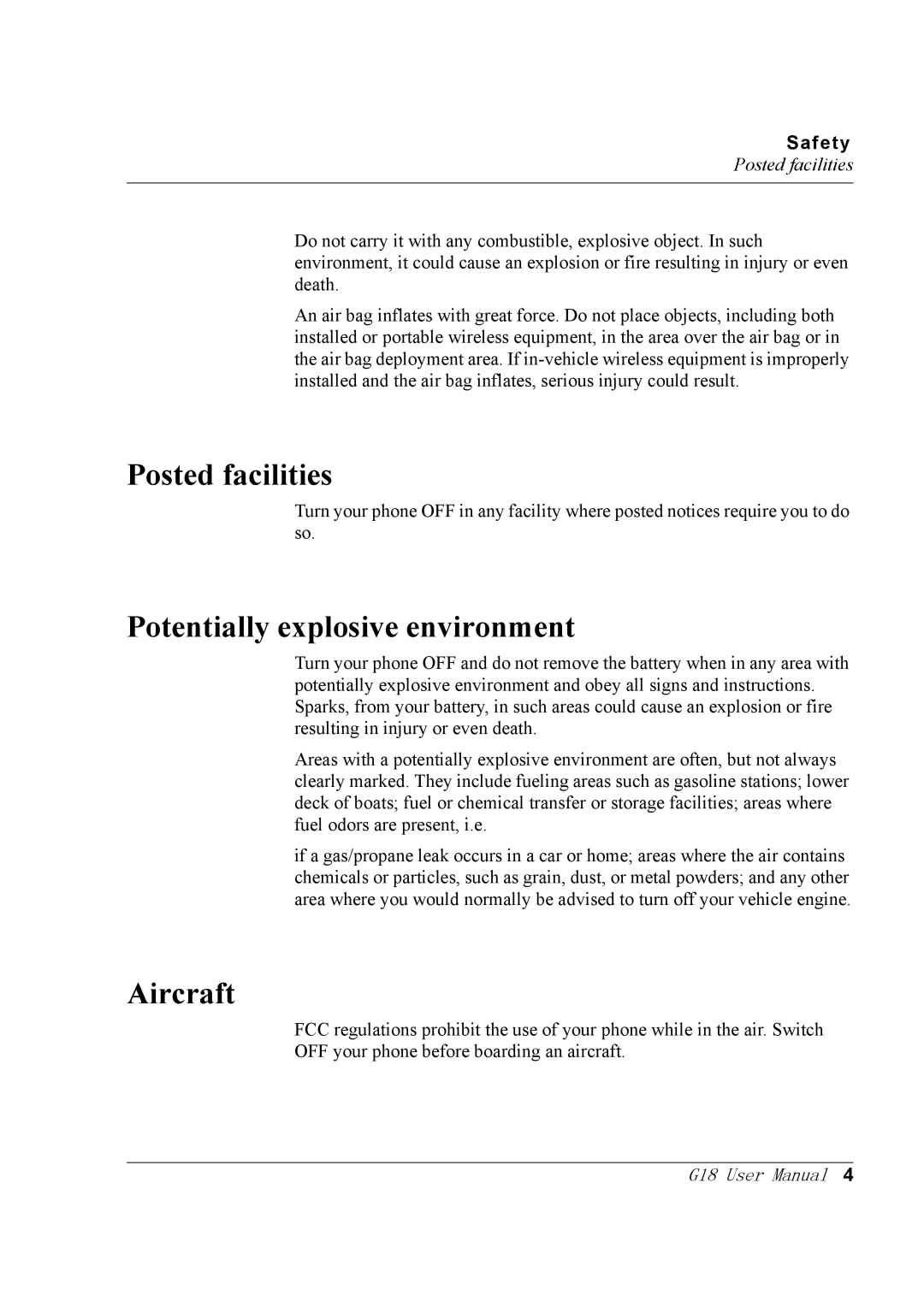 Palm G18 user manual Posted facilities, Potentially explosive environment, Aircraft 