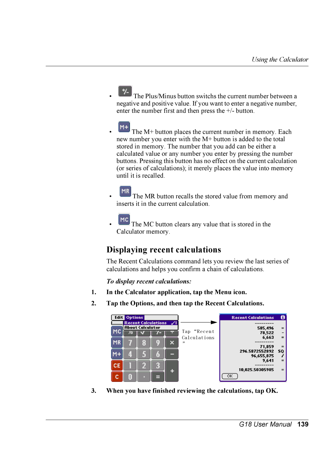 Palm G18 user manual Displaying recent calculations, To display recent calculations 