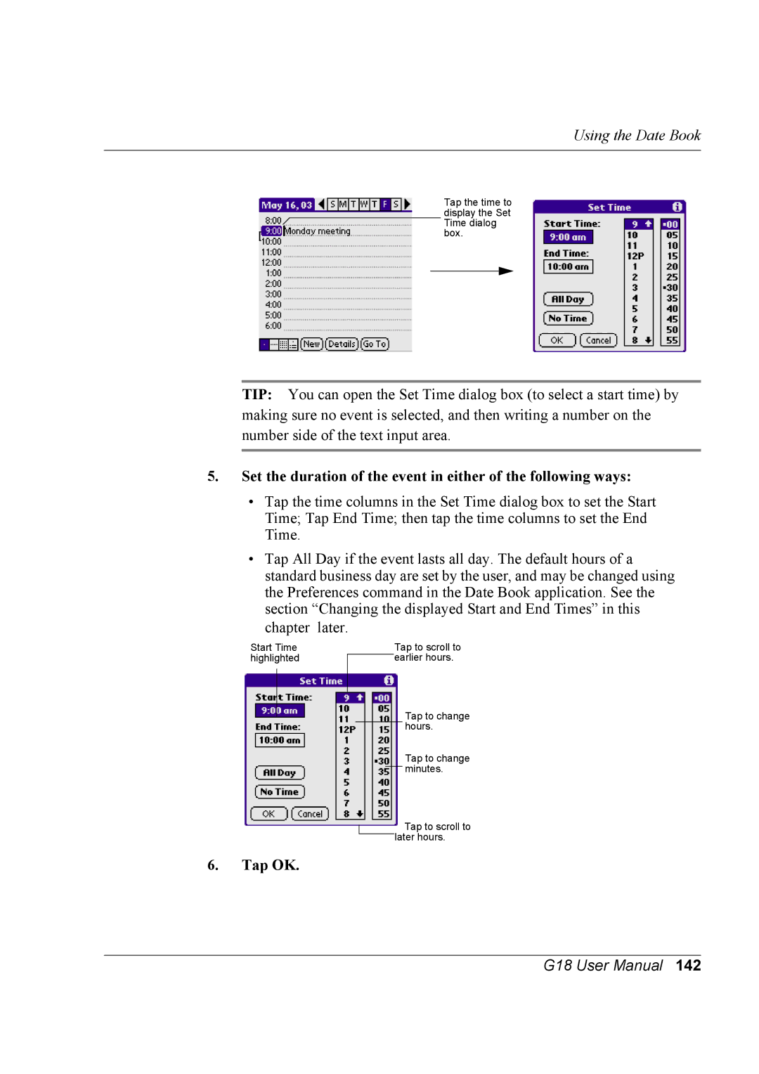 Palm G18 user manual Tap the time to display the Set Time dialog box 