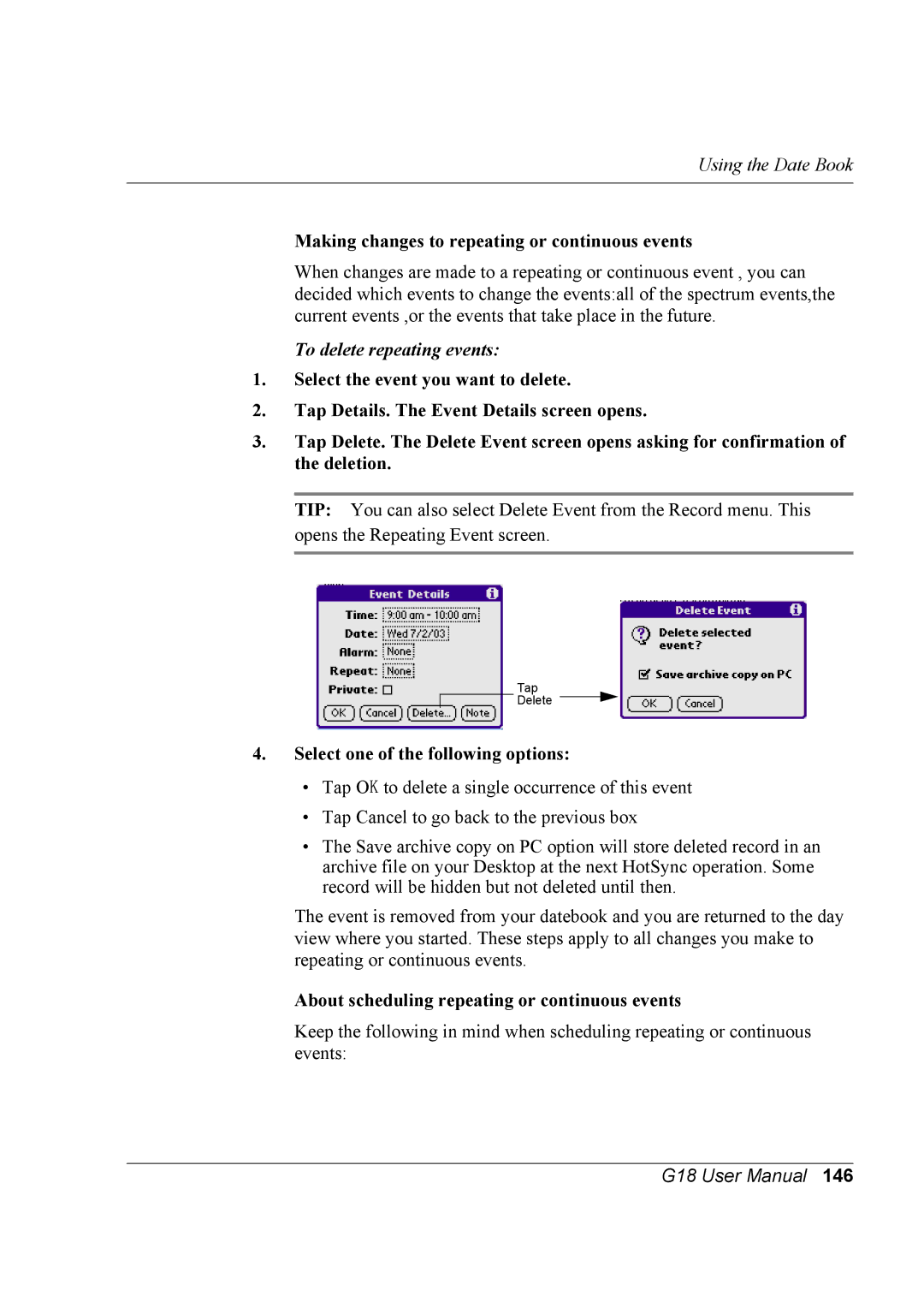 Palm G18 Making changes to repeating or continuous events, To delete repeating events, Select one of the following options 