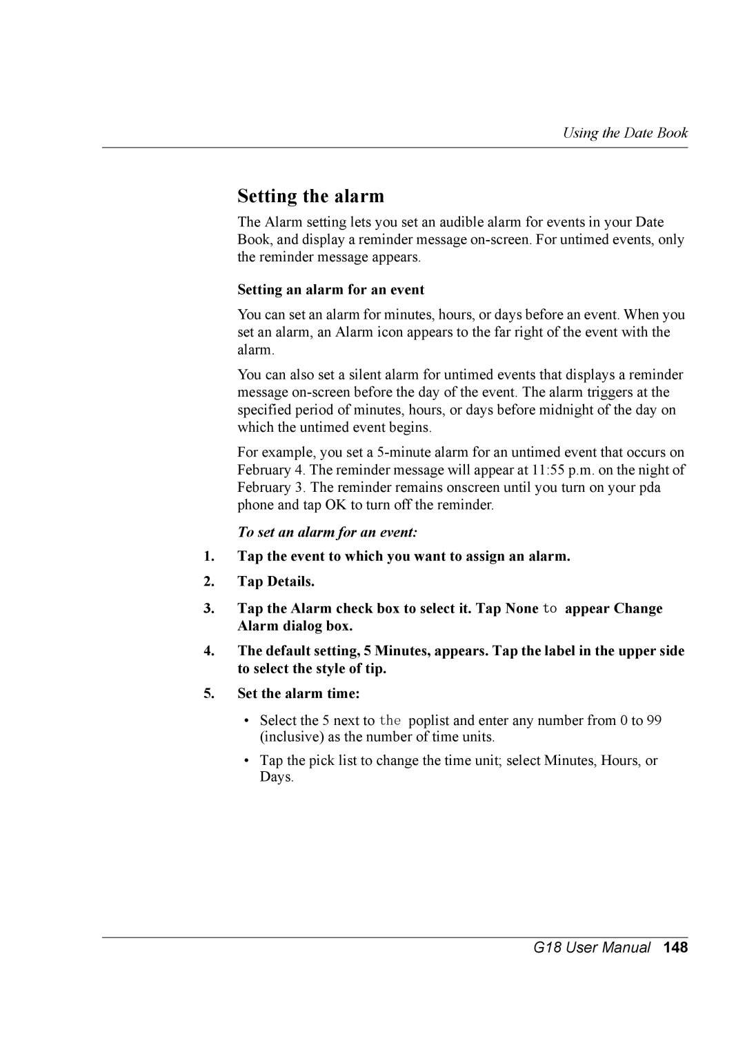 Palm G18 user manual Setting the alarm, Setting an alarm for an event, To set an alarm for an event 