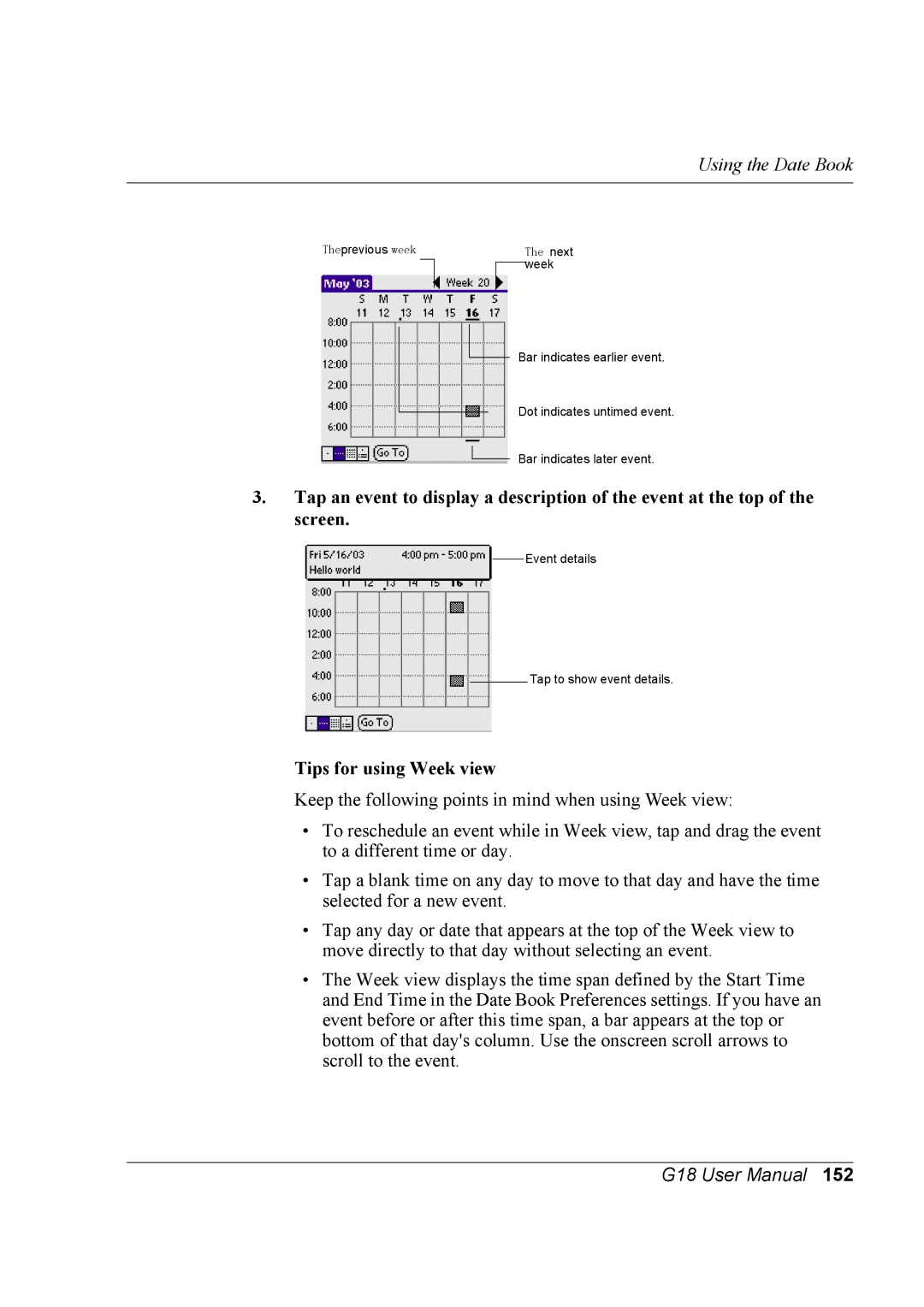 Palm G18 user manual Tips for using Week view 