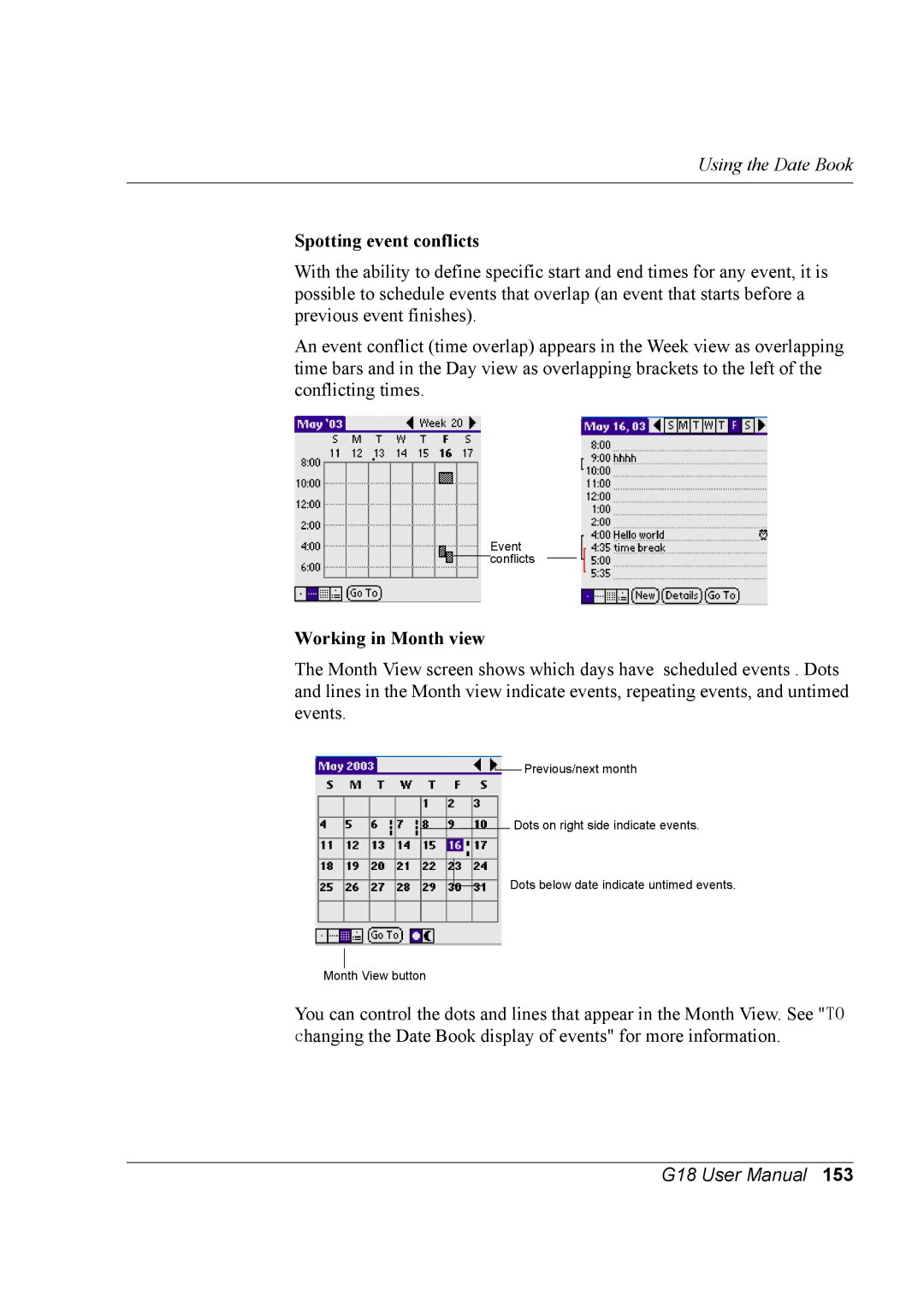 Palm G18 user manual Spotting event conflicts, Working in Month view 