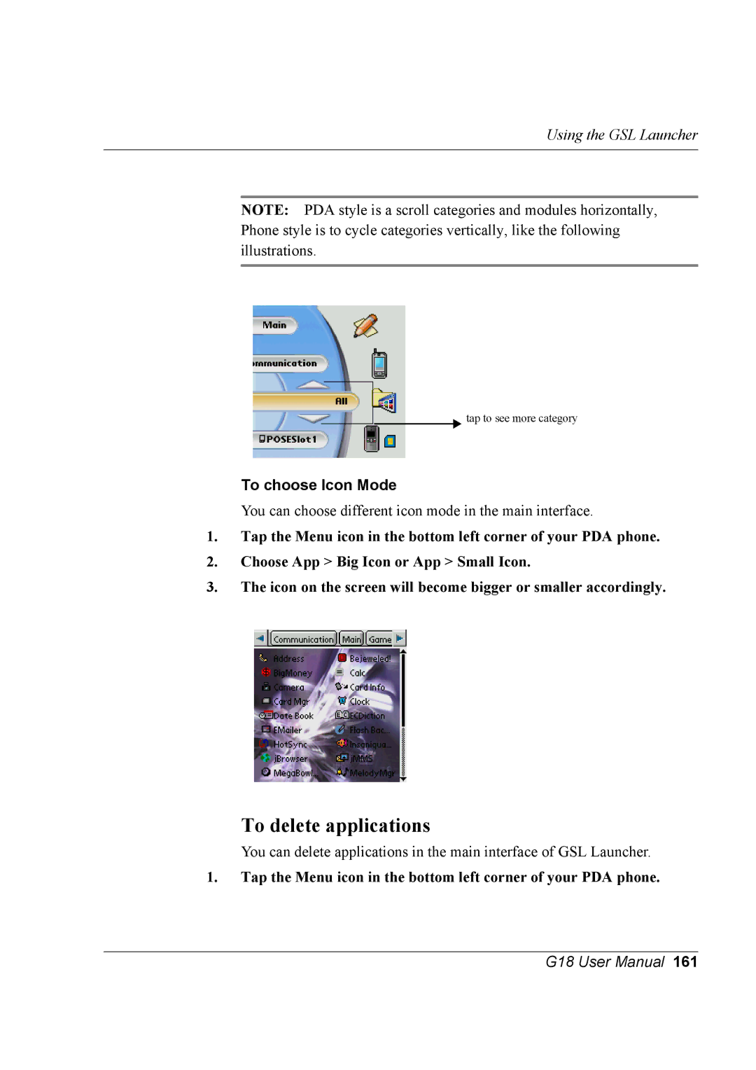 Palm G18 user manual To delete applications, To choose Icon Mode 