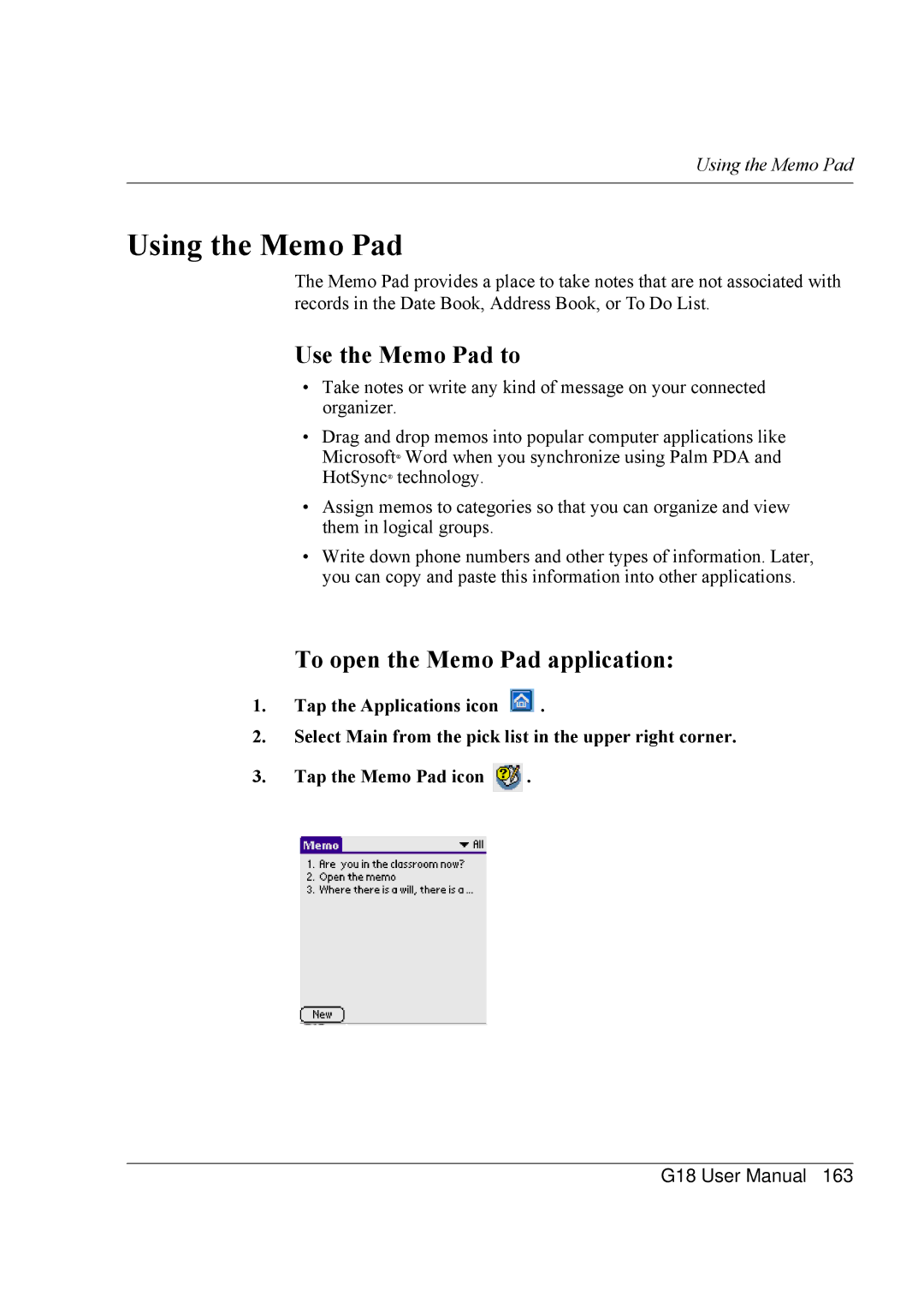 Palm G18 user manual Using the Memo Pad, Use the Memo Pad to, To open the Memo Pad application 