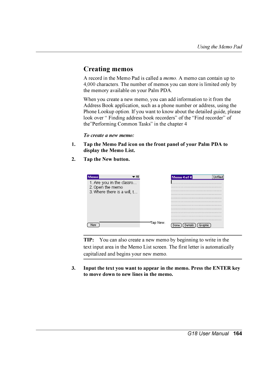 Palm G18 user manual Creating memos, To create a new memo 