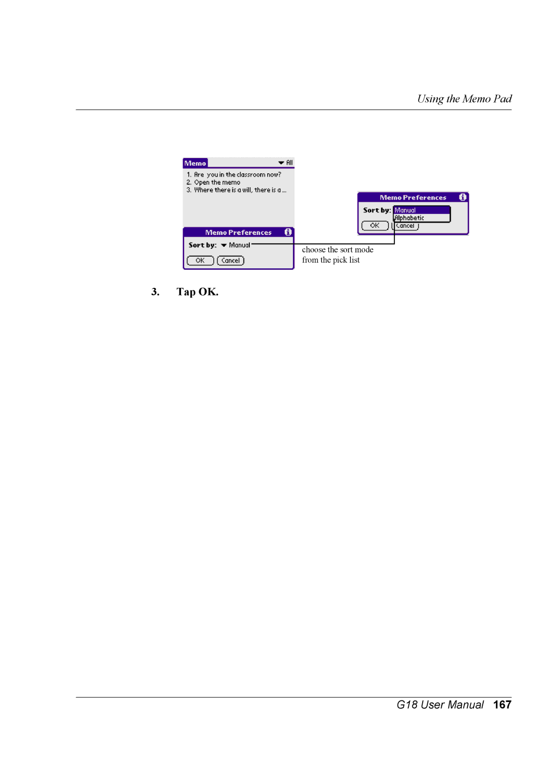 Palm G18 user manual Choose the sort mode from the pick list 