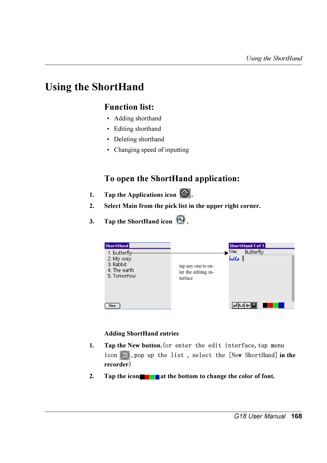 Palm G18 user manual Using the ShortHand, To open the ShortHand application, Adding ShortHand entries 