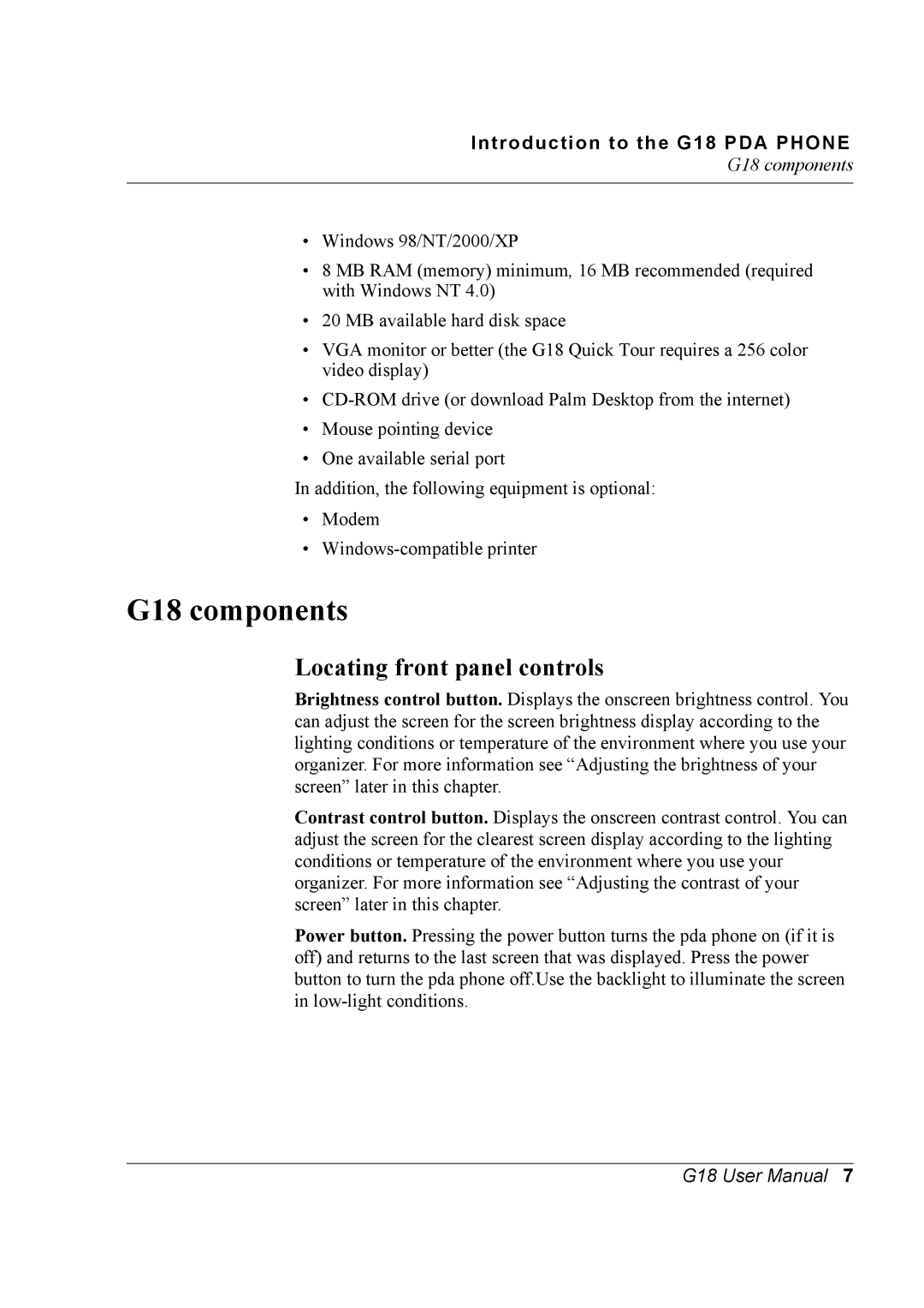 Palm user manual G18 components, Locating front panel controls 